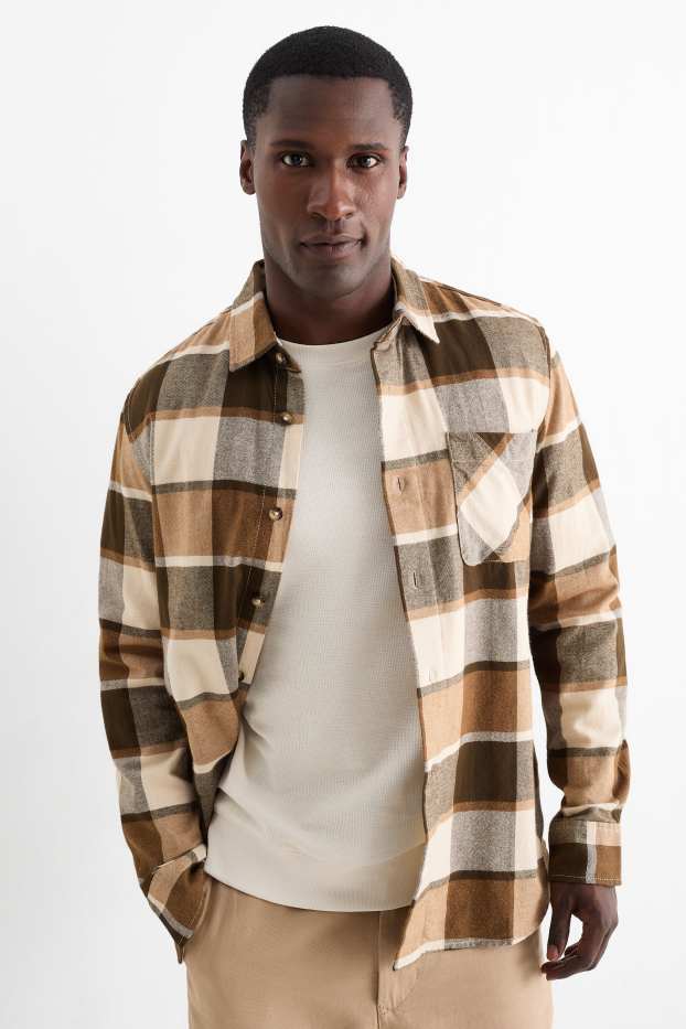 Men - Shirt - regular fit - kent collar - check - brown