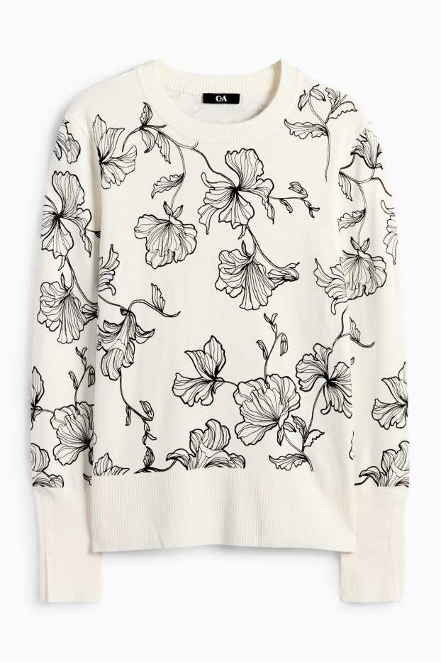 Damen - Pullover - geblümt - weiß