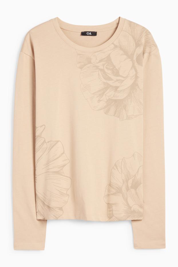 Femei - Tricou cu mânecă lungă - cu flori - bej