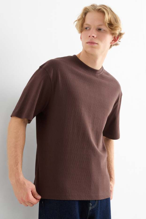Pánské - Tričko - relaxed fit - žebrované - tmavohnědá