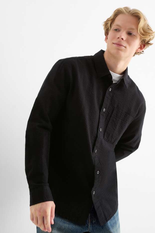 Herren - Hemd - Relaxed Fit - Kent - strukturiert - schwarz