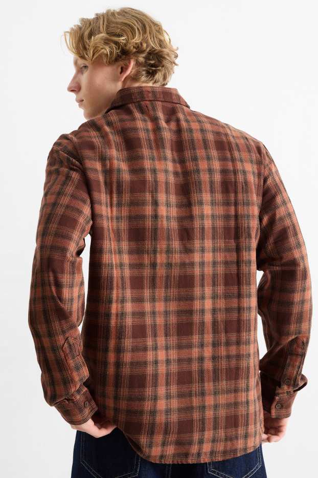 Men - Flannel shirt - regular fit - kent collar - check - dark brown