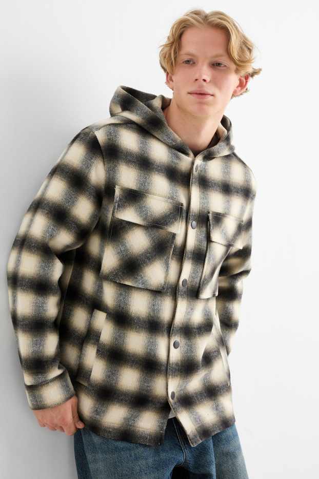 Uomo - Giacca camicia con cappuccio - regular fit - a quadretti - nero / beige