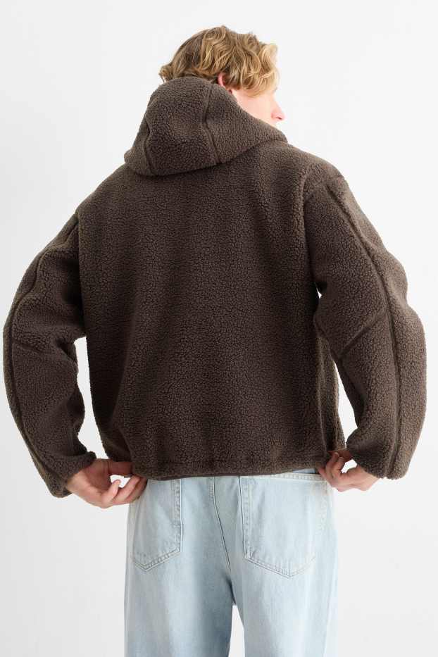 Uomo - Giacca in pelo teddy con cappuccio - marrone scuro