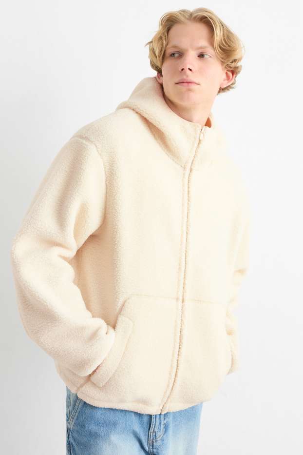 Uomo - Giacca in pelo teddy con cappuccio - bianco crema