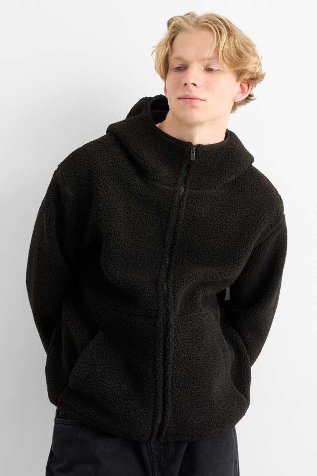Men - Faux fur jacket with hood - black