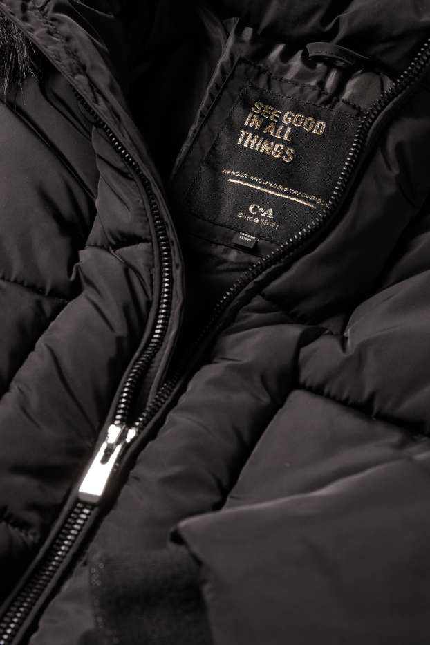 Children Girls - Quilted jacket with hood and faux fur trim - black