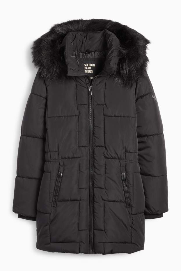 Children Girls - Quilted jacket with hood and faux fur trim - black
