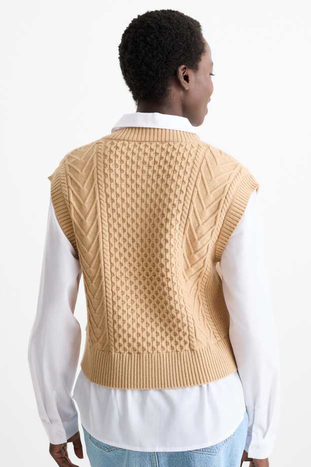 Donna - Gilet - effetto sovrapposto - motivo a treccia - bianco / beige