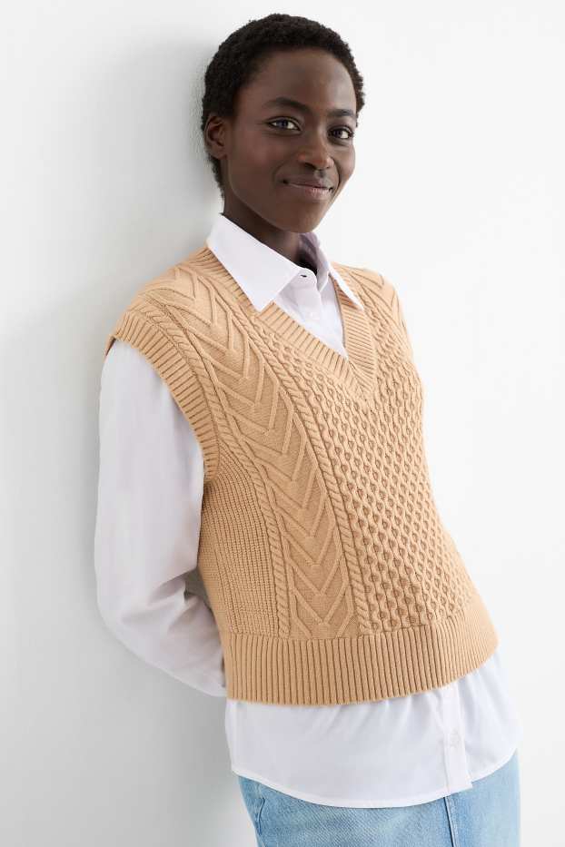 Donna - Gilet - effetto sovrapposto - motivo a treccia - bianco / beige