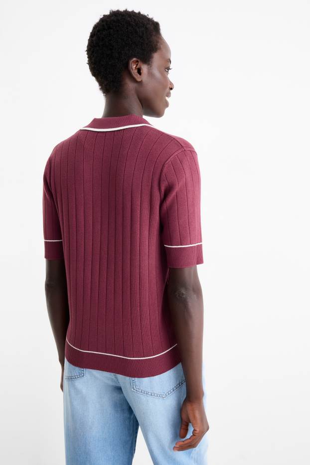 Women - Knitted jumper - short sleeve - ribbed - purple