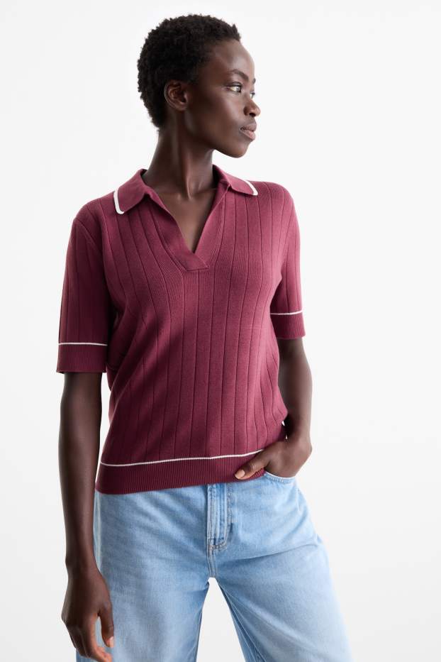 Women - Knitted jumper - short sleeve - ribbed - purple