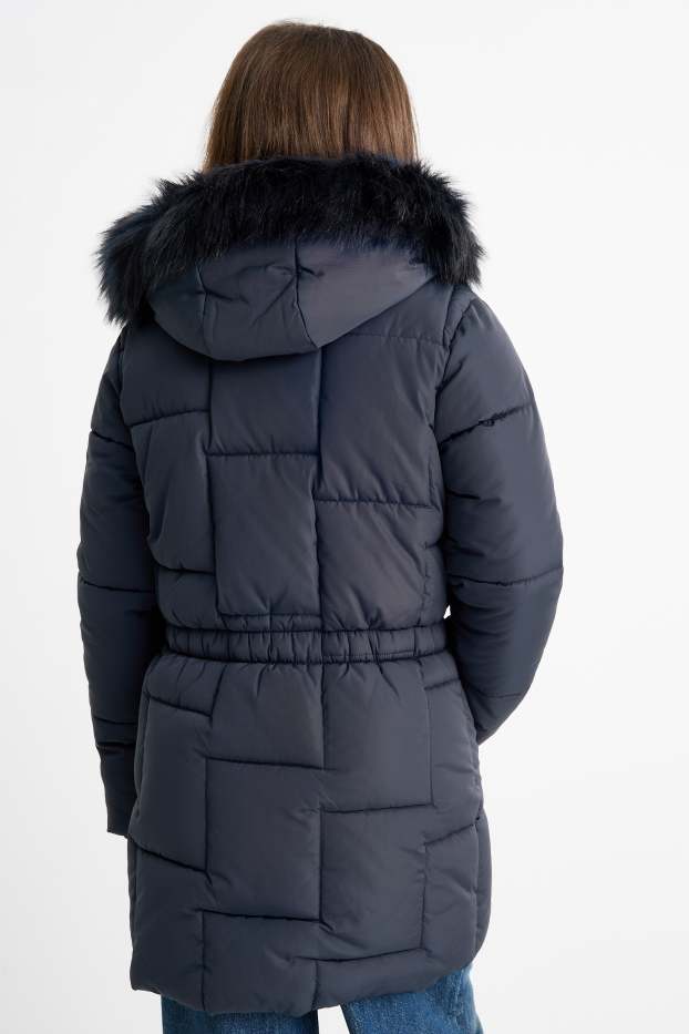 Children Girls - Quilted jacket with hood and faux fur trim - dark blue