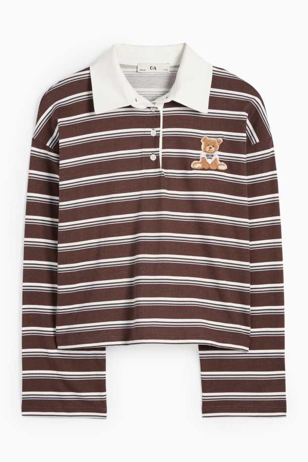 Children Girls - Teddy bear - polo shirt - striped - dark brown