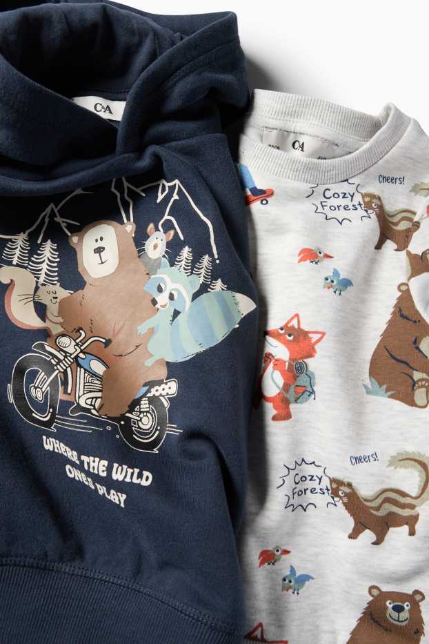 Kinderen: jongens - Set van 2 - bosdieren - hoodie en sweatshirt - blauw / grijs