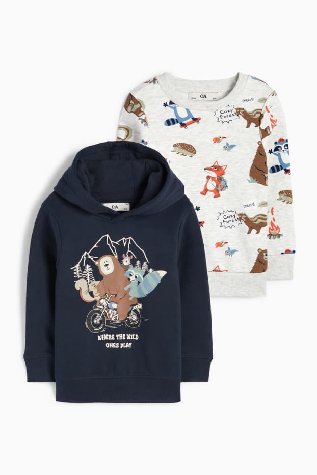 Kinderen: jongens - Set van 2 - bosdieren - hoodie en sweatshirt - blauw / grijs