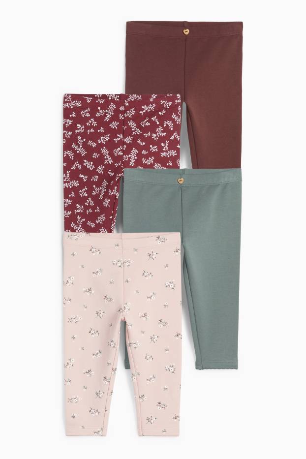 Niemowlęta dziewczynki - Wielopak, 4 pary - kwiatki - ciepłe legginsy niemowlęce - jasnoróżowy