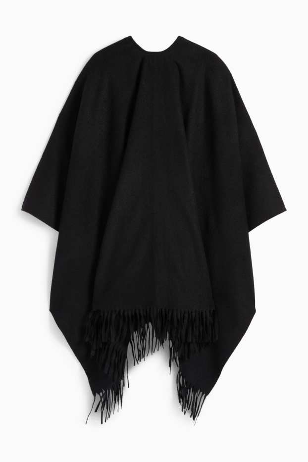 Dames - Poncho met franjes - zwart