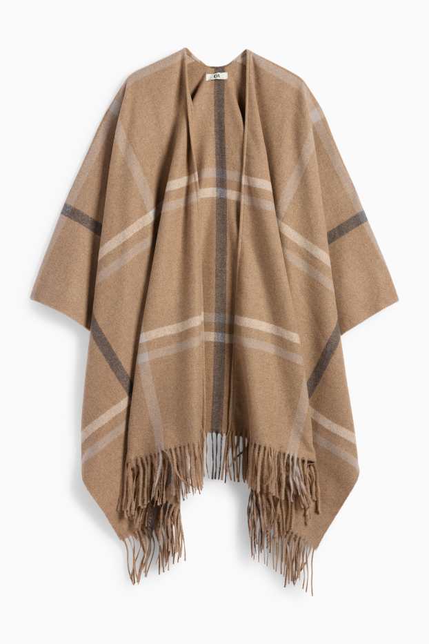 Donna - Poncho frangiato - a quadretti - marrone chiaro