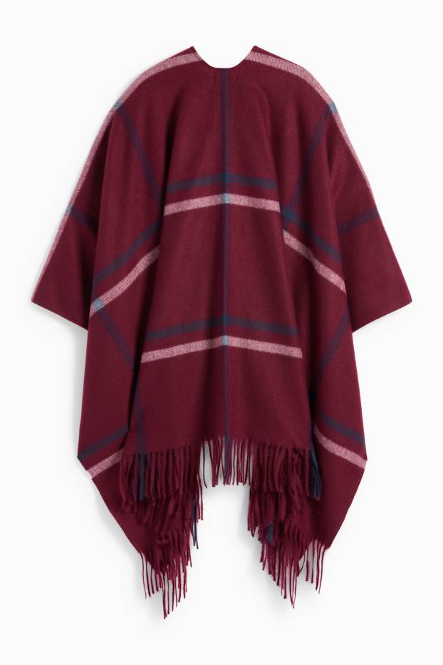 Women - Fringed poncho - check - bordeaux