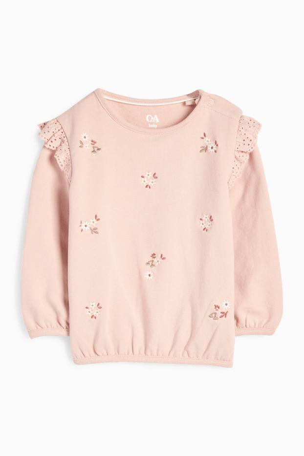 Baby Mädchen - Blümchen - Baby-Sweatshirt - Broderie Anglaise - rosa