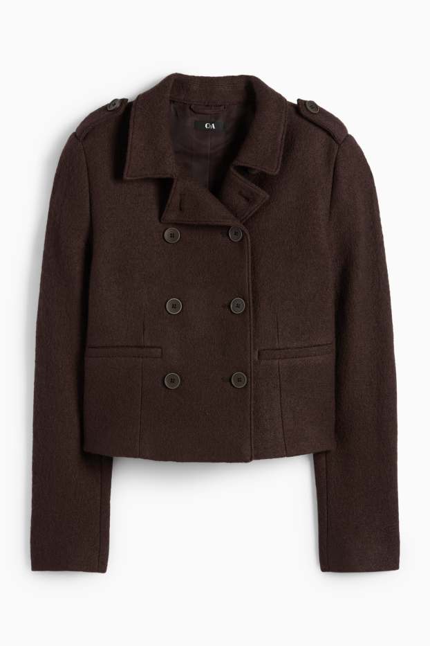 Women - Cropped bouclé blazer - regular fit - wool blend - dark brown