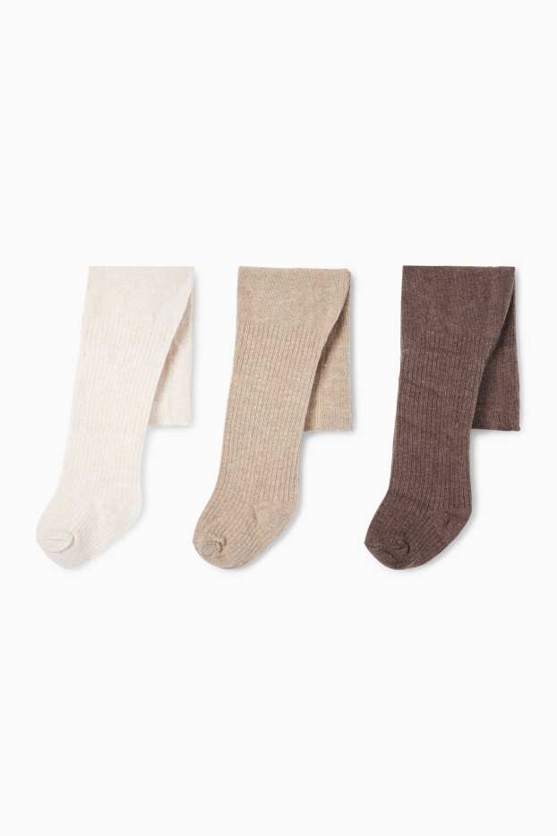 Bébés filles - Lot de 3 - collants pour bébé - finition côtelée - beige / marron