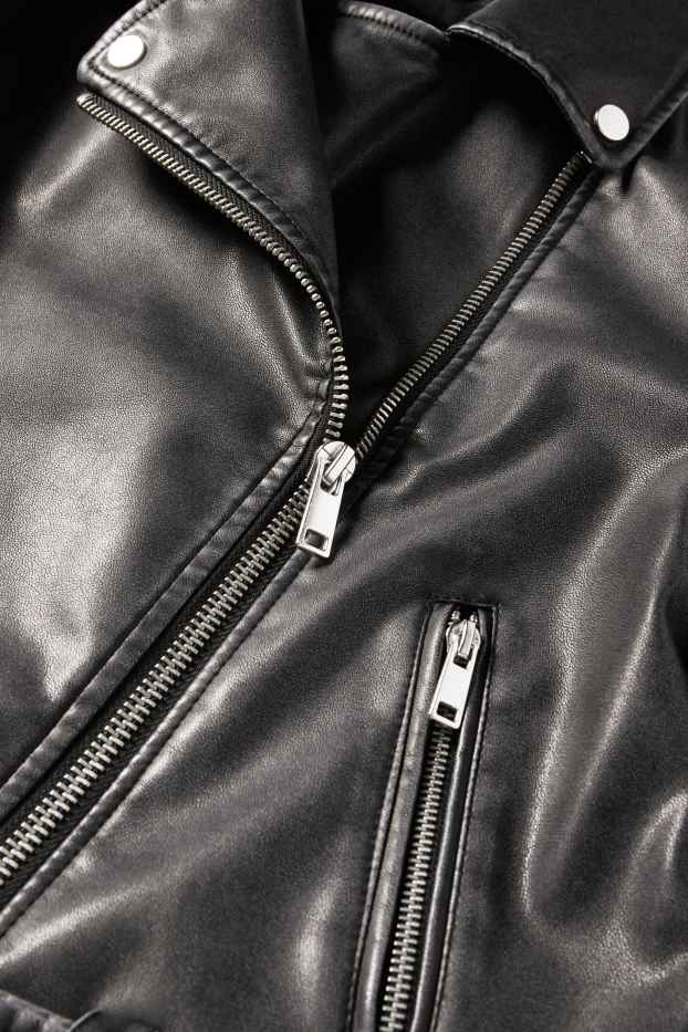 Femmes - Blouson motard à capuche - matière synthétique - noir