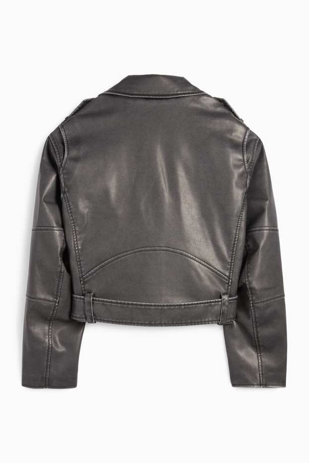 Femmes - Blouson motard à capuche - matière synthétique - noir