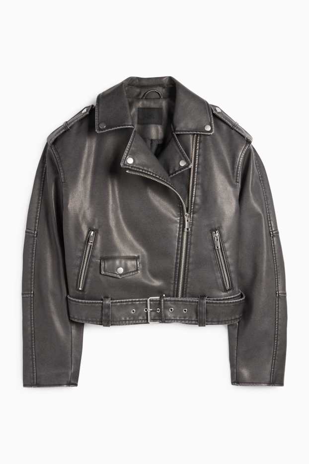 Femmes - Blouson motard à capuche - matière synthétique - noir