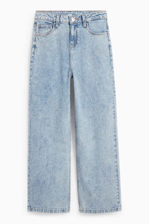 Kinder Mädchen - Stern - Wide Leg Jeans mit Strasssteinen - helljeansblau