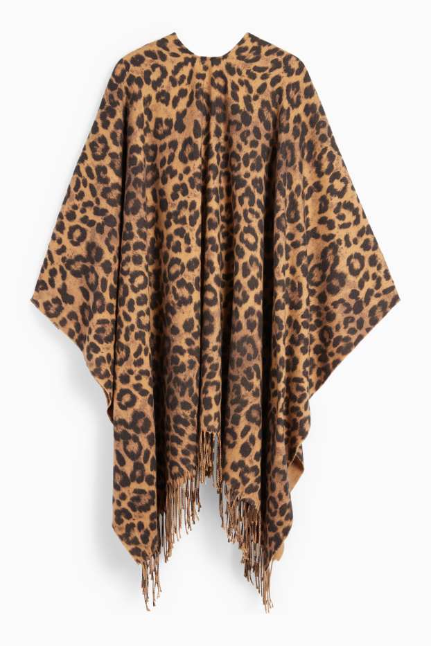 Women - Fringed poncho - leopard print - black / beige
