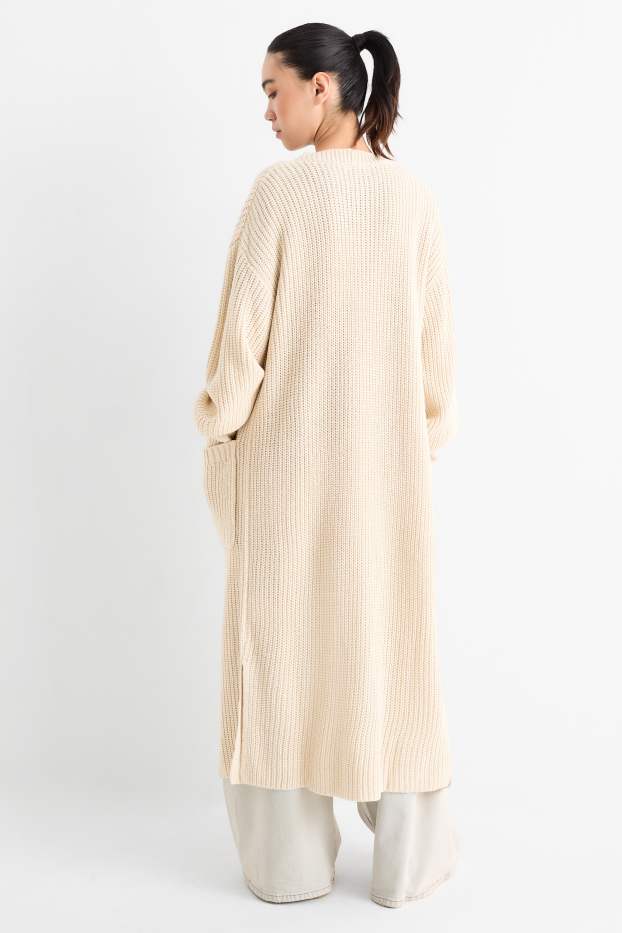 Women - Long cardigan - ribbed - light beige