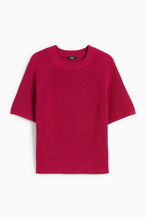 Women - Knitted jumper - short sleeve - ribbed - dark red