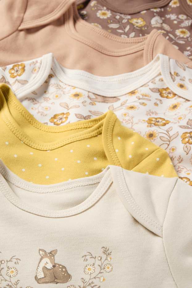 Baby Mädchen - Multipack 5er - Rehkitz und Blümchen - Baby-Body - braun