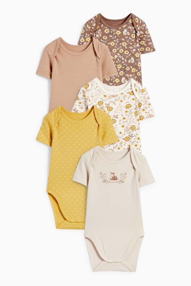 Baby Mädchen - Multipack 5er - Rehkitz und Blümchen - Baby-Body - braun