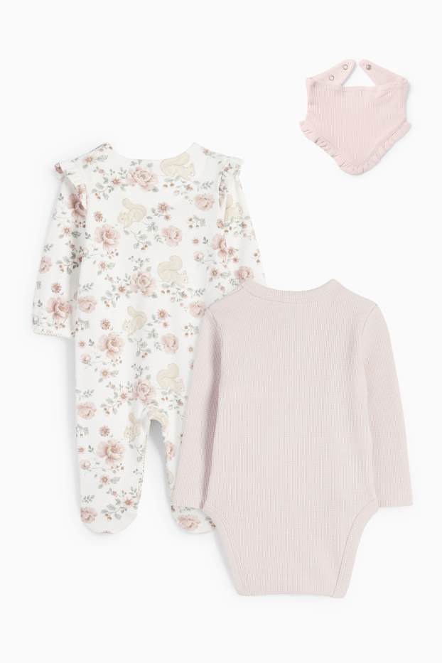 Baby Mädchen - Blümchen und Eichhörnchen - Erstlings-Set - 3 teilig - cremefarben