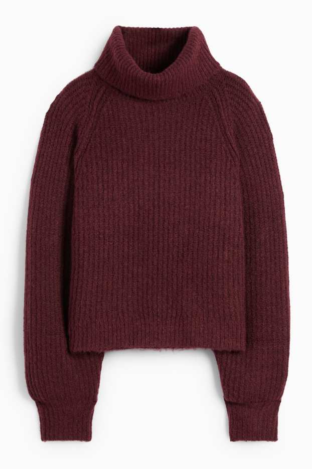 Femei - Pulover cu guler rulat - reiat - bordo