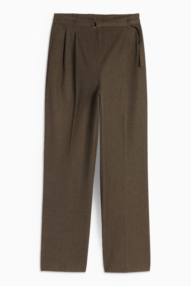 Women - Cloth trousers with belt - high-rise waist - wide leg - brown
