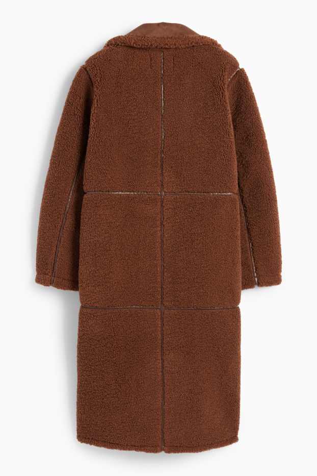 Damen - Faux Shearling Mantel - Lederimitat - braun