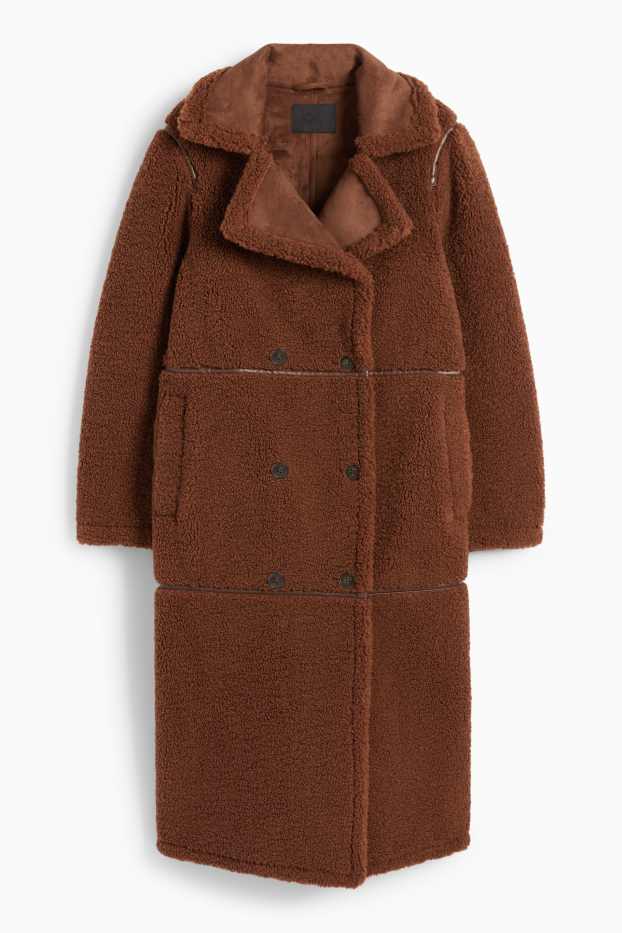 Damen - Faux Shearling Mantel - Lederimitat - braun