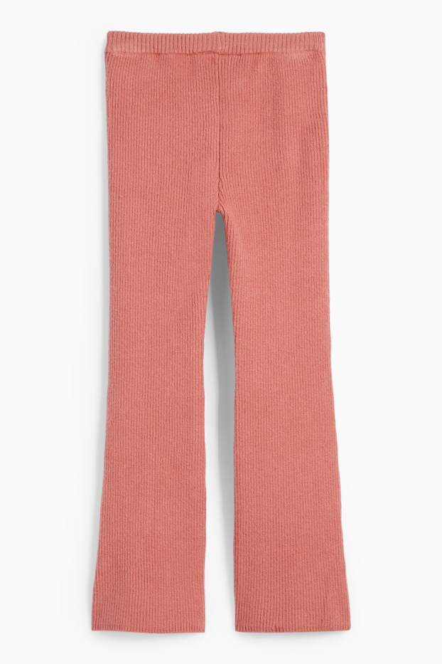 Children Girls - Knitted flared leggings - ribbed - dark rose