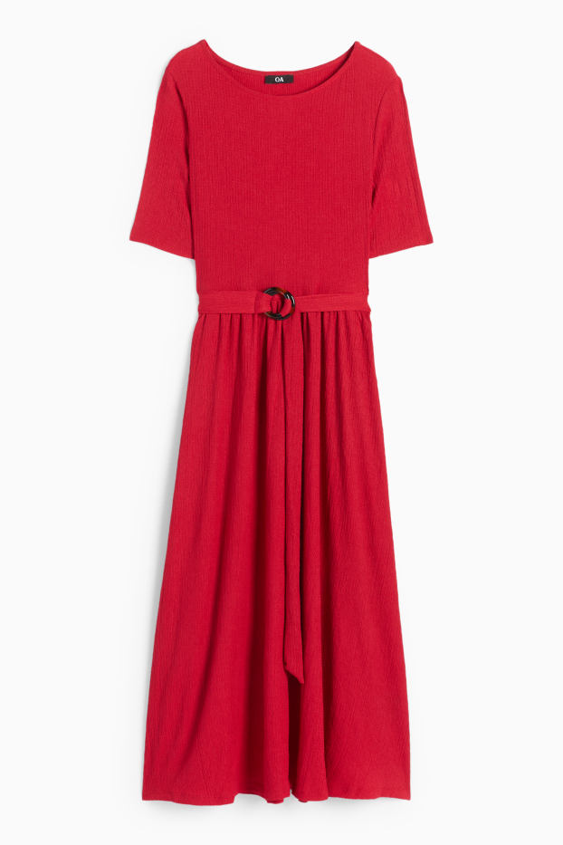 Damen - Fit & Flare Kleid mit Gürtel - strukturiert - rot