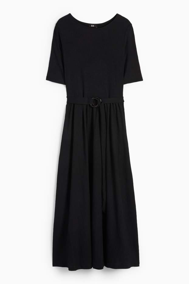 Donna - Vestito fit & flare con cintura - tessuto tramato - nero