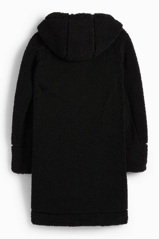 Donna - Cappotto in peluche con cappuccio - nero
