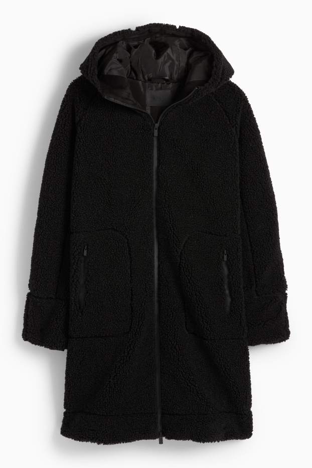 Donna - Cappotto in peluche con cappuccio - nero