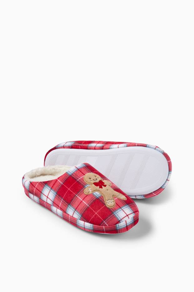 Dames - Mini Me - damespantoffels voor de kerst - taaitaaipop - geruit - rood