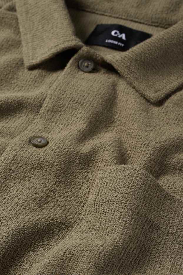 Men - Knitted shirt - loose fit - lapel collar - ribbed - green