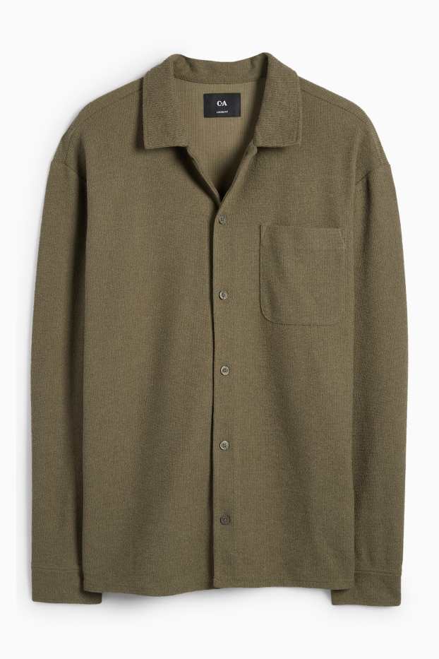 Men - Knitted shirt - loose fit - lapel collar - ribbed - green