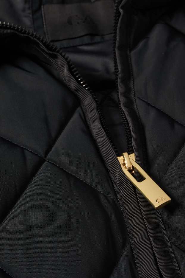 Women - Quilted coat with hood - water-repellent - black